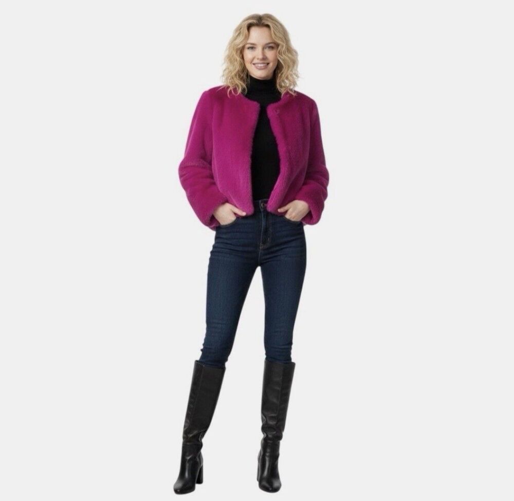 NY & Co Fuscia Faux Fur Cropped Fully Lined Jacket Size M Hook and eye closure - Picture 2 of 8